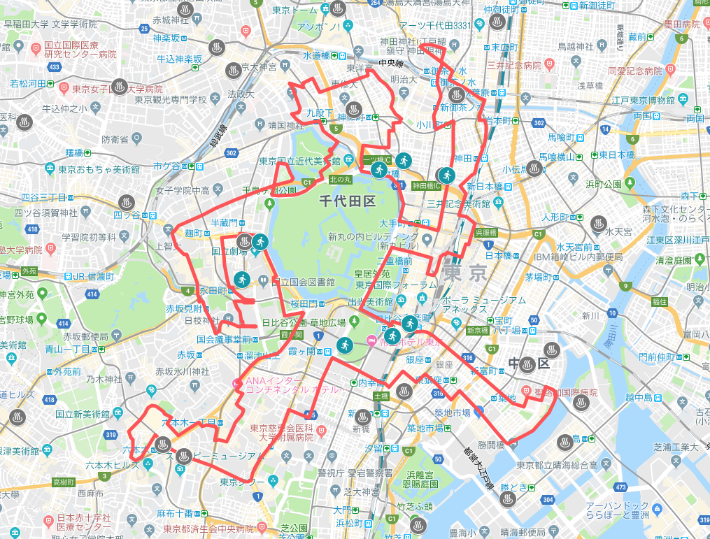 コース周辺の銭湯とランステ地図